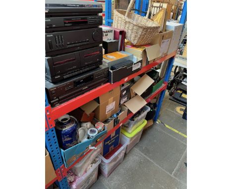 19 boxes and various bags of misc items including textiles, materials, linen, tableware, vases, glasses, ceramics, ornaments,