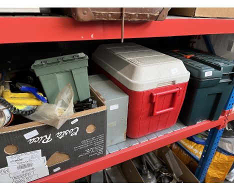2 toolboxes with tools, a box of tools and an empty tin box. 