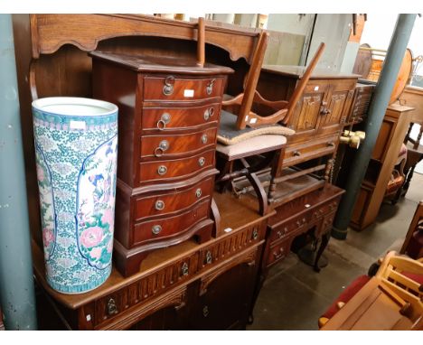 Ten pieces of furniture comprising a reproduction corner cabinet, an oak dresser, a reproduction miniature 'chest of chest', 