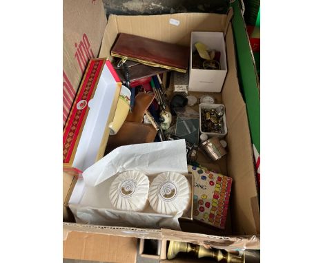 A box of mixed collectables including vintage pens, watch parts, cufflinks etc. 