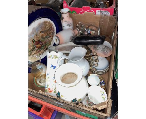 A box of misc. including Noritake, Masons, a vintage dressing table set etc. 