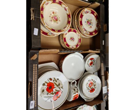 2 boxes containing vintage Wedgwood &amp; Co dinner wares 21 pieces in the Vincent design, with 29 pieces of Meakin Poppy 