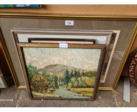 A collection of five paintings, pictures and prints including a 20th century school, oil on board, landscape scene, 37cm x 34