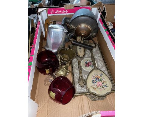 A copper kettle, ruby glasses, platedware, dressing table set, Piquot part set, etc. 