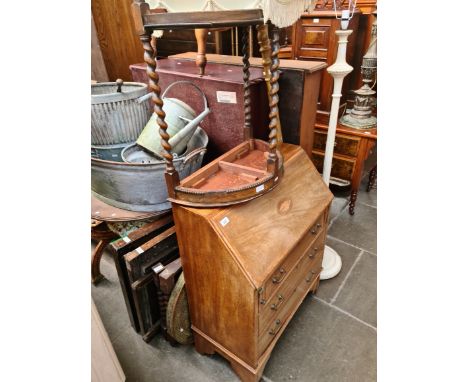 A mixed lot of furniture and effects comprising a mahogany bureau, two standard lamps, a brass top table, an oak console tabl