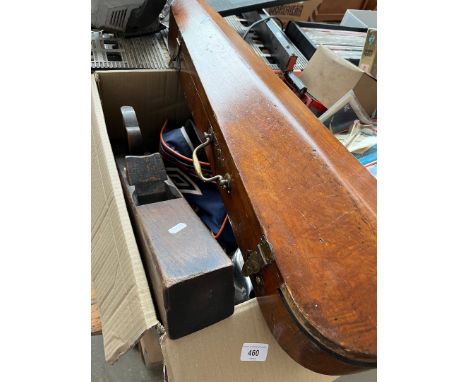 A box of misc including vintage wood planes, chess set, picquot ware, wooden violin case etc