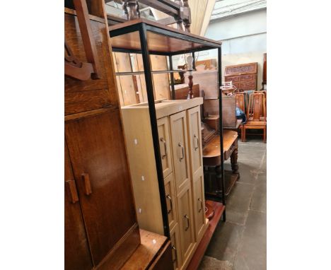 Four pieces of furniture comprising an oak gate leg table, an open wardrobe, a light wood effect sideboard and a lamp standar