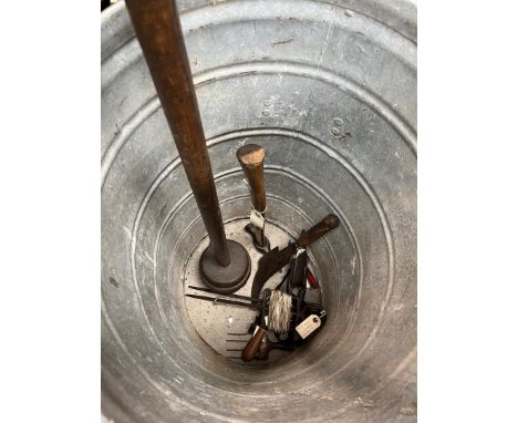 Quantity of garden and misc tools to include Brades military axe / hammer, sheep shears, billhook, a Victorian garden line, a