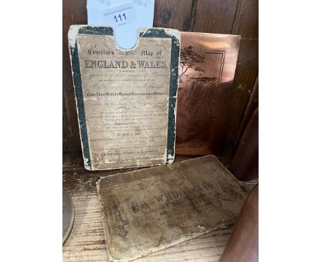 A 19th century map of England and Wales, a 19th century brass plaque and another brass plaque.Few rips and holes in places, s