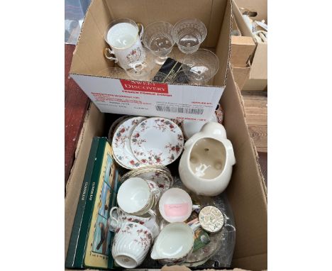 Two boxes of ceramics and glass including Edwardian etched glasses, Stratton compact, Galway crystal glasses, Burleigh ware, 