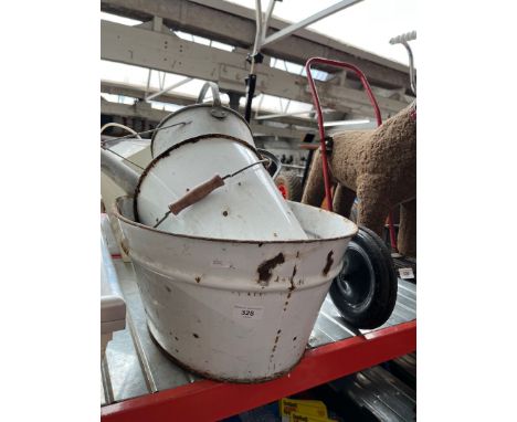 A Galvanised watering can, an Enamel bucket and an Enamel basin 