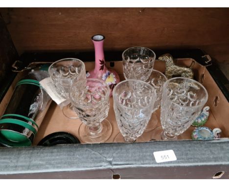 A mixed lot comprising a vintage soda syphon, a group of six pressed glass rummers, a pair of brass dog bookends etc. 