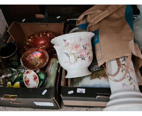 Two boxes of assorted items including an Edward VIII glass cup, a watercolour, a barometer, carnival glass, a Masonic goblet,