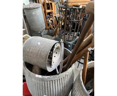 A selection of garden tools, 2 forks, hand forks, shears, galvanised mop bucket, a garden hoe, etc. 