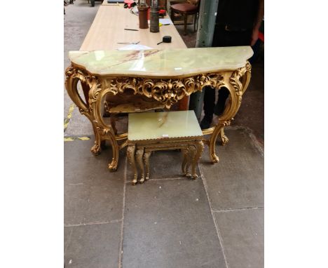 A giltwood and onyx top console table, a brass and onyx nest of tables and a brass and onyx side table.Dimensions console tab