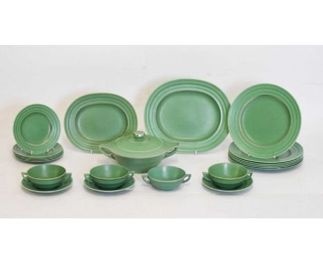 Wedgwood Matt Green annular part dinner service, circa 1938, comprising six dinner plates, five side plates, four soup bowls 