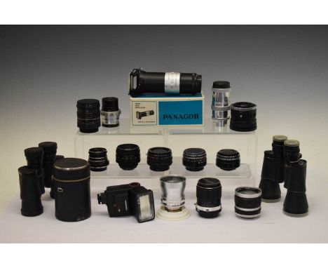 Pair of vintage Enbeeco Navigator 9x45 binoculars, together with a modern pair and quantity of camera lenses to include; Mira
