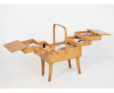 Vintage wooden sewing box with contents, 44cm x 21cm x 36cm high (ex.handle) 