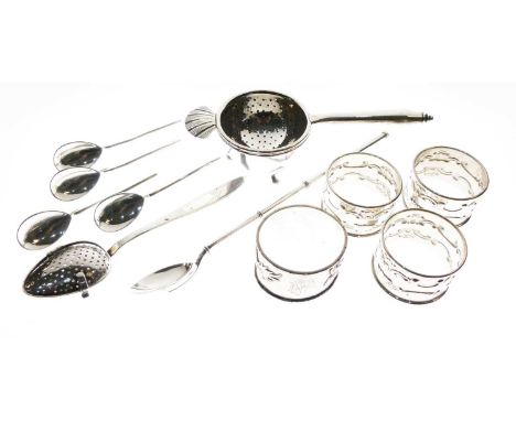 Quantity of silver and white metal items to include white metal tea-strainer and bowl stamped 925, set of three Gorham Sterli