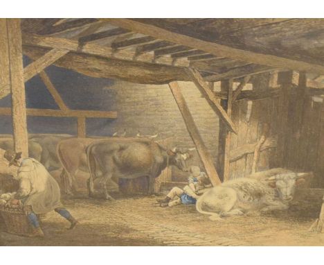After R. Hill - 19th Century hand coloured print - 'Cattle at William's Farm' (26cm x 33 m), together animal prints/etchings 