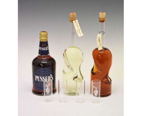 Pusser's Rum, 70cl, together with a bottle of Grappa Paesanella and Cognac, both 60cl, with set of four shot glasses 