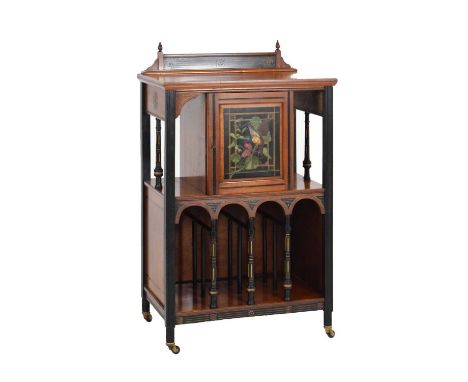 Late Victorian Aesthetic influence walnut and gilt ebonised music canterbury or salon cabinet, the moulded rectangular top an