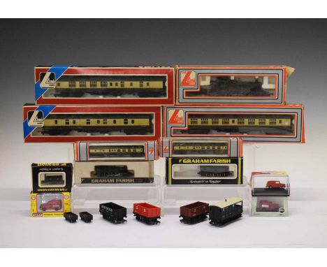 Two boxed Graham Farish N gauge locomotives and 2604 GWR Cattle Van, together with three boxed Lima 00 and N gauge items, etc