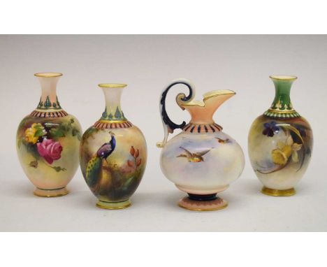 Royal Worcester - Three early 20th Century miniature baluster vases, painted with floral sprays and a peacock, together with 