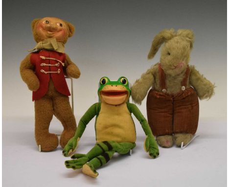 Group of three vintage soft toys comprising; Steiff velvet frog with rubber face, Norah Wellings rabbit and circus monkey, 36