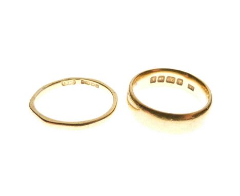 Two 22ct gold wedding bands, the wider band size K approx, the narrower band (a/f), 10.2g approx (2)