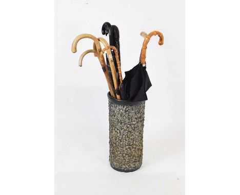 Ceramic cylindrical stick stand, 48cm high; together with a small quantity of vintage canes, walking sticks, umbrellas, etc