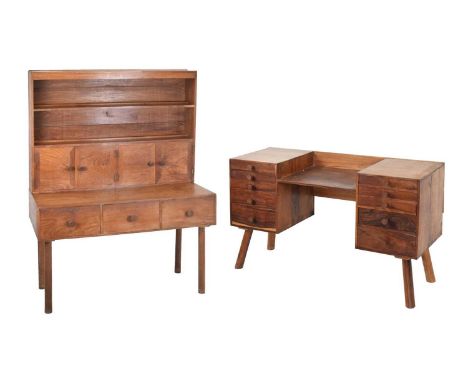 Mid-century teak dresser with single shelf enclosed back over cupboard doors and three drawers raised on cylindrical supports