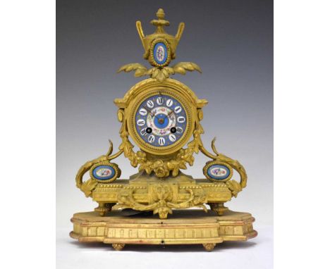 Mid 19th Century French porcelain-mounted mantel clock, Japy Freres, 3-inch cellular Roman dial with band of floral decoratio