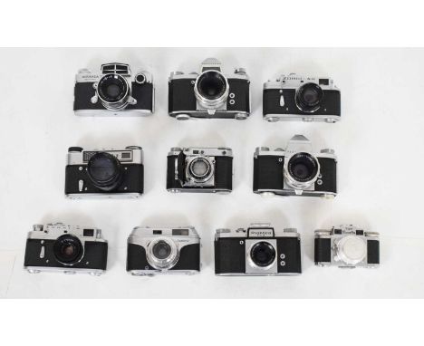 Group of ten vintage cameras to include; USSR examples, Praktica IVB with Carl Zeiss 2.8/50 lens, Miranda Sensorex, Praktica 