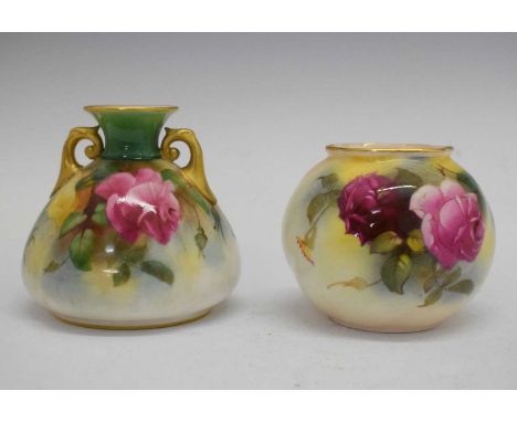Royal Worcester - Two posy vases painted roses, one by M.Hunt, printed and painted marks with 1926 date code, the other marke