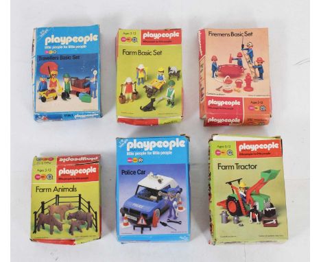 Six Playpeople (Playmobil) boxed sets comprising; Farm Tractor, Farm Basic Set, Firemens Basic Set, Travellers Basic Set, Far