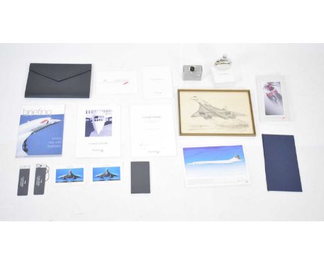 Quantity of Concorde ephemera and memorabilia to include; stainless steel hip flask, stopper, print of Concorde taking off (2