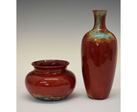 Bernard Moore red flambé and turquoise vase, of compressed ovoid form, printed marks, together with a Royal Doulton flambe an