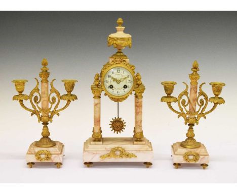 Early 20th Century French veined marble portico clock and garniture, the clock with anonymous two-train movement, outside cou