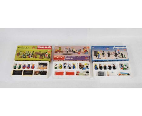 Three boxed Playpeople (Playmobil) super sets by Marx Toys comprising; Doctor and Nurses, Farm Super Set and Police Super Set
