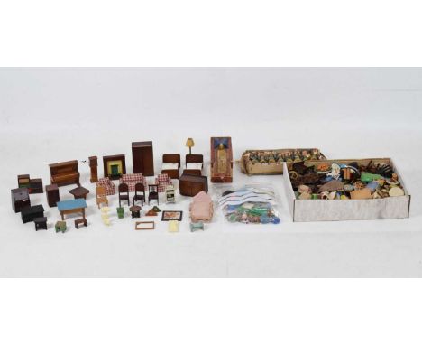 Mixed quantity of vintage dolls house furniture, together with a quantity of wooden and hand painted military figures 
