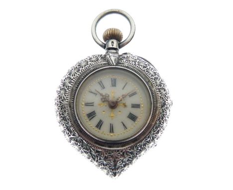 Swiss silver and enamel heart-shaped fob watch, 935 standard, with Roman dial, unmarked crown-wind movement, in case stamped 