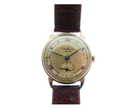 J.W Benson - Gentleman's vintage 9ct gold cased wristwatch, champagne dial with outer chapter ring Roman dial, blued steel ha