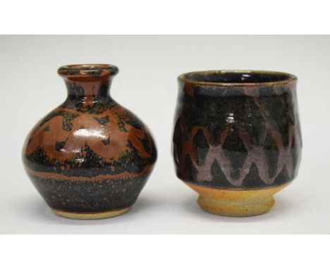 Studio Pottery - John Leach (1939-2021) for Muchelney Pottery, compressed ovoid vase together with a cylindrical footed vase,