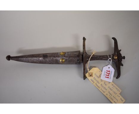 A rare Indian Hindu Kush Jamdhar Katari dagger, having 15.5cm blade, with metal sheath. 