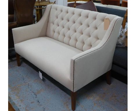 SOFA, contemporary buttoned back finish, neutral upholstered, studded detail, 133cm W. 