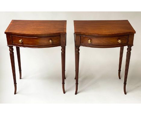 BEDSIDE/LAMP TABLES,  a pair, Regency design mahogany and cross banded, each bow fronted, with frieze drawer and swept reeded