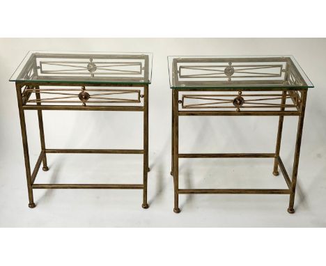 LAMP TABLES, a pair, rectangular glazed and gilt metal with lattice frieze, 44cm W x 28cm D x 48cm H. (2) 