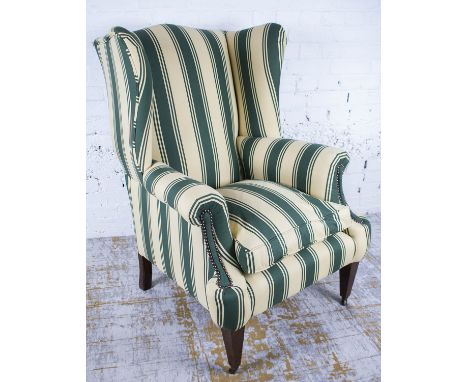 WING ARMCHAIR, Edwardian mahogany in green and cream striped upholstery with cushion seat, 108cm H x 78cm x 87cm. 