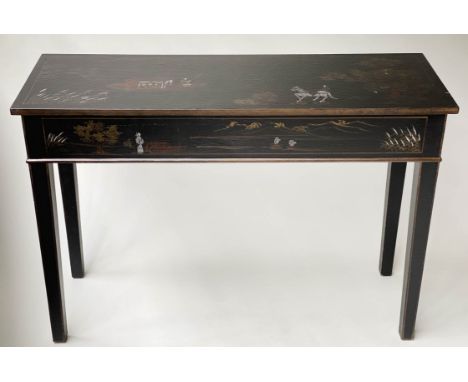 CONSOLE TABLE, rectangular black painted with naive Chinoiserie style decoration, 115cm x 40cm x 85cm H. 